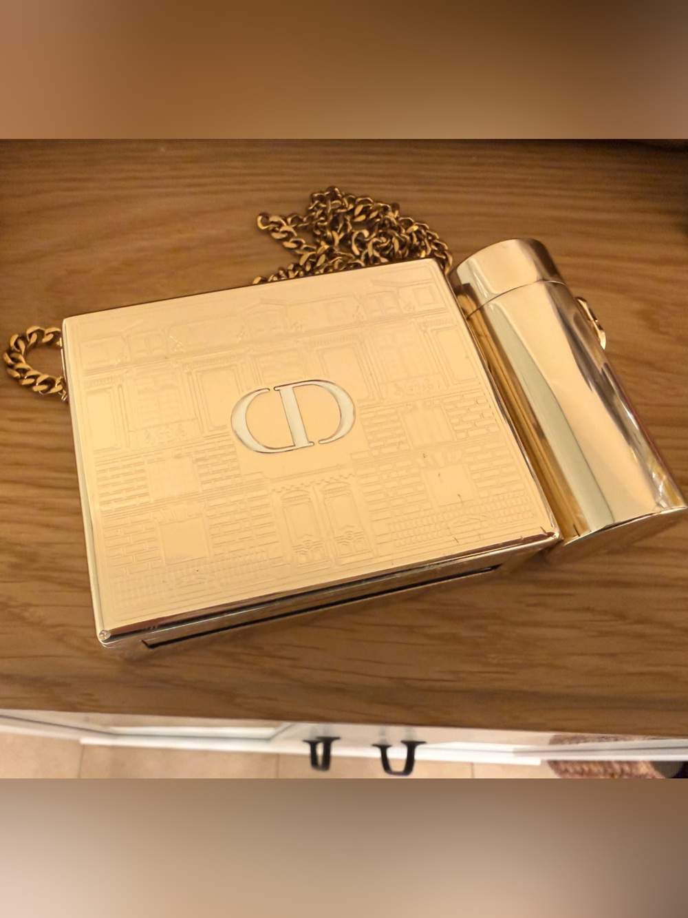 Dior Metallic Gold Box Clutch with Cylindrical Accent and Chain